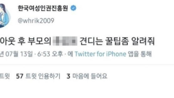 "부모 X같음" 트윗 쓴 여성인권진흥원…"해킹 아니다, 직원 추정"