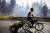 아테네 북부 로도폴리 마을의 한 남성이 불을 끄기 위해 나뭇가지를 들고 자전거를 타고 이동하고 있다. 로이터=연합뉴스