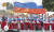 러시아 올림픽 선수단이 9일 모스크바 붉은광장에서 열린 환영행사에 참가하고 있다. EPA=연합뉴스