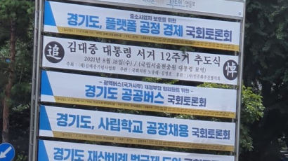국회앞 현수막 5개중 4개 '경기도'…野 "이재명 사전 선거운동"