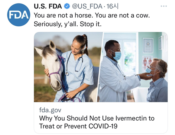 美FDA “여러분은 말도 소도 아냐···동물용 구충제, 코로나 치료로 쓰면안돼”