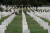 미국 시민 2명이 15일(현지시간) 워싱턴 인근 버니지아주 알링턴에 있는 국립묘지에서 묘비를 내려다보며 대화를 하고 있다. 이곳에는 베트남 전쟁 전사자 등 22만명 이상이 잠들어 있다. [로이터=연합뉴스] 