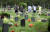 5일 부산 금정구 영락공원에서 시민들이 추석을 앞두고 조상묘를 찾아 벌초하고 절을 하고 있다. 연합뉴스