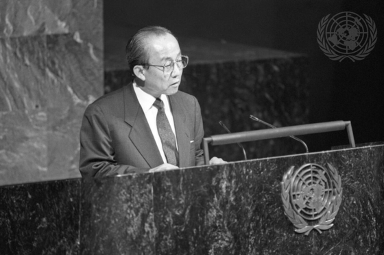 1991년 9월 17일 당시 이상옥 외교부 장관이 한국의 유엔 가입 직후 유엔 총회에서 발언하는 모습. [유엔 제공]