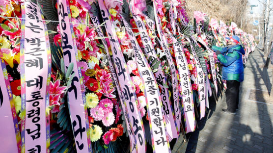 "석방이 시작입니다" 박근혜 입원 병원앞 뒤덮은 1000개 화환