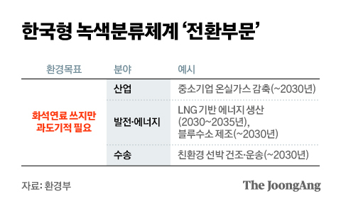 한국형 녹색분류체계 ‘전환부문’. 그래픽=김현서 kim.hyeonseo12@joongang.co.kr