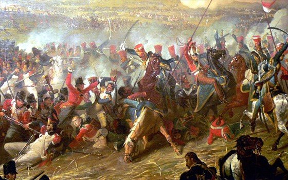 1815년 프랑스 나폴레옹이 영국·프로이센 연합군에 패한 워털루 전투 그림. 전투 전날 우연히 비가 내려 대포를 움직이지 못한 나폴레옹은 패전하고 말았다. [중앙포토]