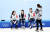 훈련 도중 휴식 시간에 환하게 웃는 박지우(왼쪽부터), 김현영, 김보름. [뉴스1]