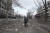 지난 10일 한 마리우폴 남성이 자건거를 끌고 러시아군의 포격으로 파괴된 거리를 걷고 있다. AP=연합뉴스