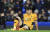  황희찬이 13일(현지시간) 영국 리버풀 구디슨 파크에서 열린 에버턴과의 원정경기에서 부상으로 교체되기 전 그라운드에 앉아 있다. [AFP=연합뉴스]