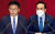 민주당 새 원내대표 출마의지를 타진하고 있는 박광온 의원(왼쪽)과 박홍근 의원. 연합뉴스
