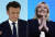 전진하는 공화당 소속 프랑스 대선 후보인 에마뉘엘 마크롱 대통령(왼쪽)과 마린 르펜 국민연합 후보(오른쪽) [로이터, EPA=연합뉴스]