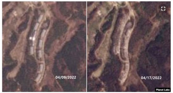 금강산 골프장 숙박단지를 촬영한 9일(왼쪽)과 17일 위성사진. 9일까지 온전했던 숙박단지의 중심건물과 건물 6개동이 17일 대부분 사라진 것으로 나타났다. 플래닛 랩스 캡처