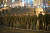 러시아 육군 운전병들이 25일(현지시간) 모스크바 붉은광장에서 진행된 제77회 전승절 기념 퍼레이드 예행 연습에 참가하기 위해 거리를 따라 이동하고 있다. 전승절 퍼레이드는 내달 9일 펼쳐진다. AP=연합뉴스
