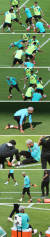 브라질 축구대표팀의 네이마르가 한국축구대표팀과 평가전을 하루 앞둔 1일 서울월드컵경기장에서 진행된 공식훈련에서 전술훈련 도중 돌파를 시도하다가 오른쪽 발을 다쳐 훈련을 중단한 채 치료를 받고 있다. [연합뉴스]