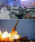 사진은 조선인민민혁명군 창건 90주년 열병식에 등장한 초대형 방사포(위)와 2019년 11월에 시험발사한 초대형 방사포 모습. 조선중앙TV 화면, 연합뉴스