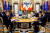유럽 4개국 정상이 16일 우크라이나 키이우에서 볼로디미르 젤렌스키 대통령(가운데)과 회담을 나누고 있다. [AP=연합뉴스]