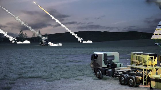 북한의 방사포를 요격하기 위해 장사정포 요격 체계(LAMD)를 발사하는 장면(CG). 국방부 동영상 캡처