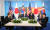 한미일 3국 정상이 지난달 29일 오후(현지 시간) 스페인 마드리드 이페마(IFEMA) 국제회의장에서 정상회담을 하고 있다. 왼쪽부터 윤석열 대통령, 조 바이든 미국 대통령, 기시다 후미오 일본 총리. [대통령실사진기자단]