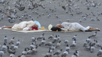 비둘기떼 둘러싸여 자고…흰옷 입고 땅 엎드린 100만명 정체 [이 시각]