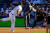 20일(한국시간) 2022 MLB 올스타전에서 클레이튼 커쇼(왼쪽)를 상대로 초구에 예고 안타를 때려내는 오타니 쇼헤이. [USA 투데이=연합뉴스] 
