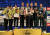 2022 세계선수권대회에서 여자 단체전 은메달을 목에 건 김선우, 장하은, 성승민(왼쪽부터)이 시상대에 올라 밝은 얼굴로 포즈를 취하고 있다. [사진 대한근대5종연맹]