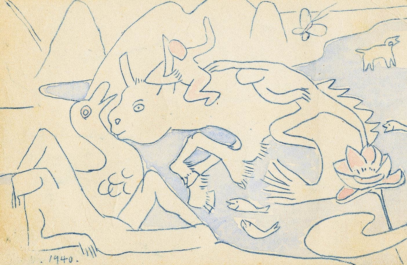  상상의 동물과 사람들,1940, 종이에 먹지, 채색 ,9x14cm. 뉴시스
