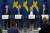 스웨덴 주요 경제 관계자들은 지난 3일(현지시간) “전력 회사에 2500억 크로나 규모의 유동성을 공급할 것”이라고 발표했다. 왼쪽부터 스테판 잉그베스 스웨덴 중앙은행 총재, 미카엘 담베리 스웨덴 재무장관, 마그달레나 안데르손 총리, 에리크 테덴 금융감독청장. AFP=연합뉴스