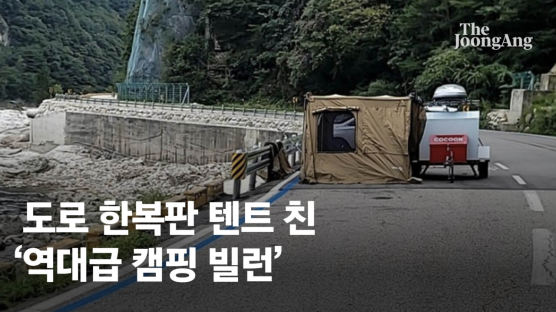 "커브길인데 미쳤나"…도로 한복판 텐트친 '역대급 캠핑 빌런'