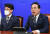 박홍근 더불어민주당 원내대표(오른쪽)가 27일 국회에서 열린 원내대책회의에서 모두발언을 하고 있다. 김경록 기자