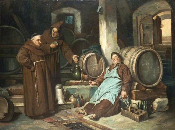 '포도주 저장고의 수사들'. 오스트리아 화가 요제프 하이어의 1873년 그림이다. [사진 고반출판사] 
