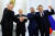 지난달 30일(현지시간) 러시아 모스크바에서 블라디미르 푸틴 대통령(왼쪽에서 셋째)이 우크라이나 점령지인 헤르손, 자포리자, 도네츠크, 루한스크의 수장들과 손을 모으고 있다. 이날 러시아는 국민투표 결과 이들 4개 지역을 러시아로 합병한다고 발표했다. 중국과 같은 러시아 지지 국가 중 어느 누구도 아직 합병을 인정하지 않고 있다. AFP=연합