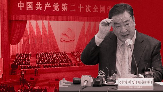 싱하이밍 주한 중국대사. 배경은 지난달에 열린 중국 공산당 당 대회. 그래픽=김경진 기자