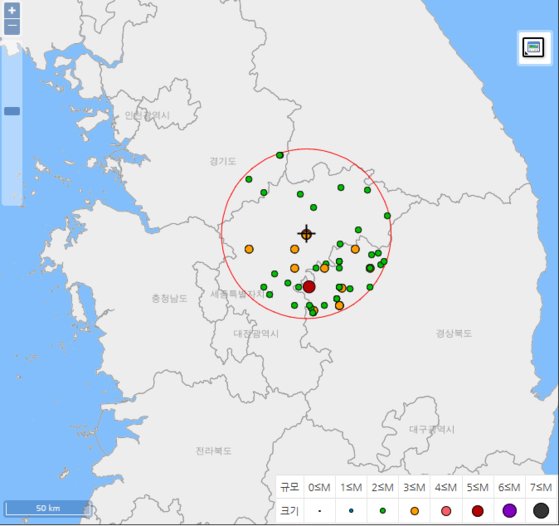 10월 29일 발생한 지진의 진앙 50km 이내에서 발생한 지진. 자료=기상청