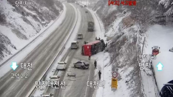 눈 펑펑 쌓인 고속도로서 '쾅'…36명 탄 관광버스 넘어졌다
