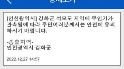 [속보] "무인기, 석모도 지역서 관측"…강화군 재난문자 발송