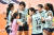 9일 서울 장충체육관에서 열린 KGC인삼공사와의 경기에서 득점한 뒤 기뻐하는 GS칼텍스 선수들. 사진 한국배구연맹