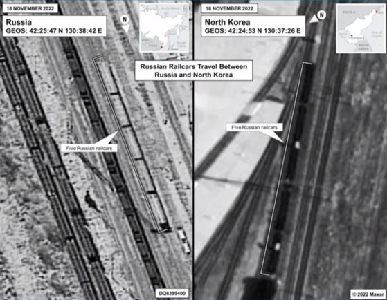 20일(현지시간) 미국 백악관이 공개한 북한의 무기전달 관련 위성 사진. 사진 미국 백악관 트위터 캡처