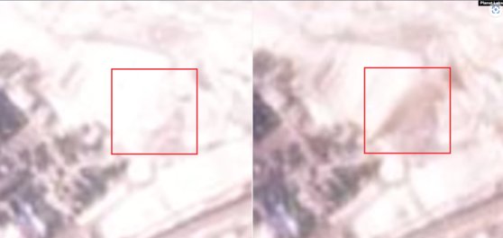 북한 마군포 엔진시험장 일대를 촬영한 위성사진. 29일(왼쪽 사각형 안)까지만 해도 아무런 흔적이 없지만 지난달 30일(오른쪽) 화염이 만들어낸 그을린 흔적을 볼 수 있다. 제임스마틴 비확산센터. Planet Labs. 미국의소리(VOA).