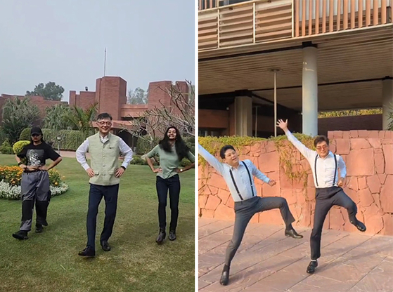 장재복 주인도 한국 대사(왼쪽 사진 가운데)와 대사관의 한국·인도인 직원들이 ‘나투 나투’ 노래에 맞춰 춤을 추고 있는 댄스 커버 영상이 현지에서 큰 호응을 얻고 있다. [트위터 캡처]
