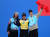 하프파이프 세계선수권 메달리스트들과 함께 포즈를 취한 금메달리스트 이채운(가운데). 로이터=연합뉴스