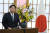하야시 요시마사 외상이 6일 기자회견에서 한국 정부의 강제징용 배상 관련 발표에 대한 일본 정부 입장을 밝히고 있다. AP=연합뉴스