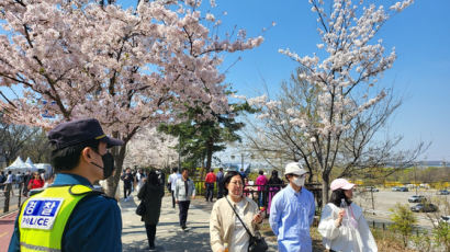 벚꽃비 옆에서 경광봉 번쩍…여의나루역에 뜬 경찰 기동대 왜