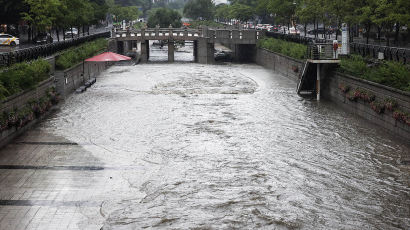 [포토타임] 기습 폭우에 불어난 물로 산책로 사라진 청계천