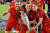 스페인의 파비안 루이스, 세르히오 카날레스, 하비 포세(왼쪽부터)가 UEFA 네이션스컵 우승 직후 트로피를 들고 활짝 웃고 있다. AFP=연합뉴스