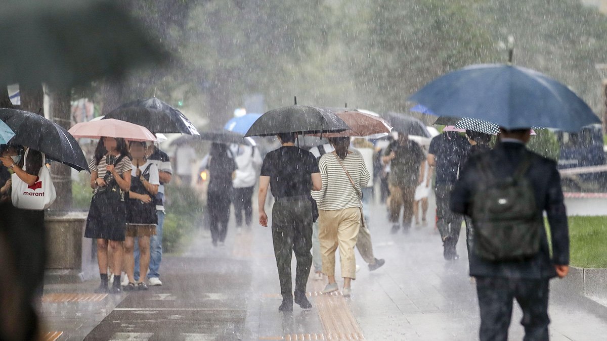 서울 중구 세종대로 인근에서 시민들이 우산을 쓴 채 이동하고 있다. 뉴시스