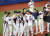 한국 야구 대표팀이 1일 홍콩과의 야구 B조 조별리그 경기에서 승리한 뒤 기뻐하고 있다. 연합뉴스