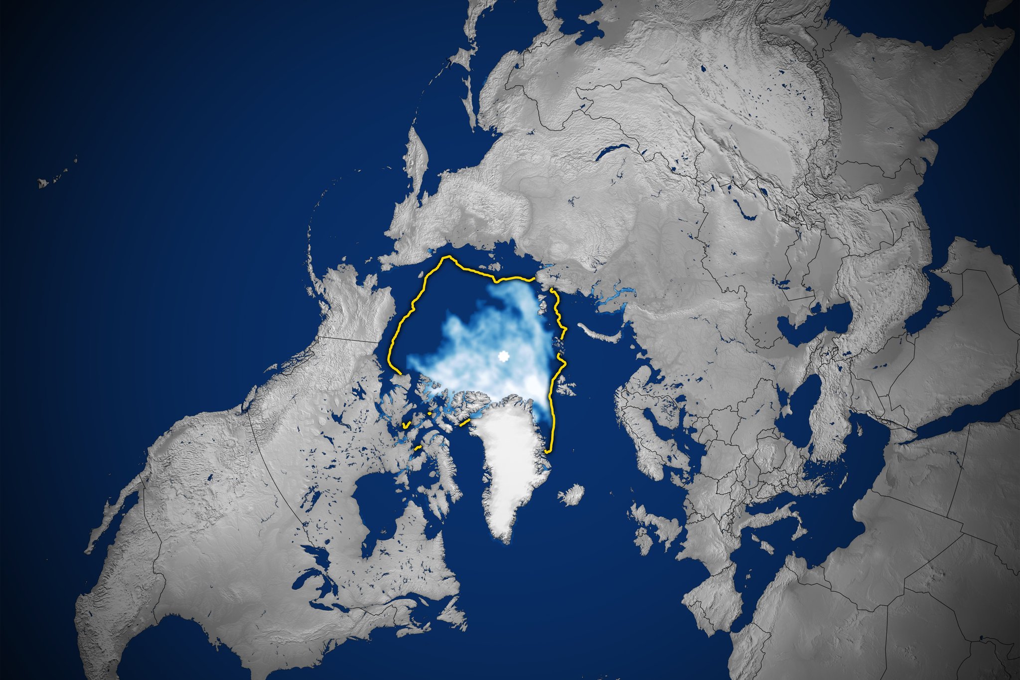 미 항공우주국(NASA)와 국립빙설자료센터(NSIDC)가 위성으로 분석한 9월 19일 북극 해빙 면적(흰색 부분). 흰색이 진할수록 해빙이 두껍게 얼었다는 뜻이다. 노란색 영역은 1981~2010년 평균 해빙 최소면적이다. NASA는 