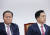 국민의힘 김기현 대표(오른쪽)와 윤재옥 원내대표가 12일 국회에서 열린 최고위원회의에서 어두운 표정을 짓고 있다. 연합뉴스