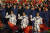 중국의 유인 우주선 '선저우 17호'에 탑승하는 우주비행사들(왼쪽부터 장신린, 탕훙보, 탕성제)이 26일 주취안 위성발사센터에서 열린 환송식에 참석하고 있다. AP=연합뉴스